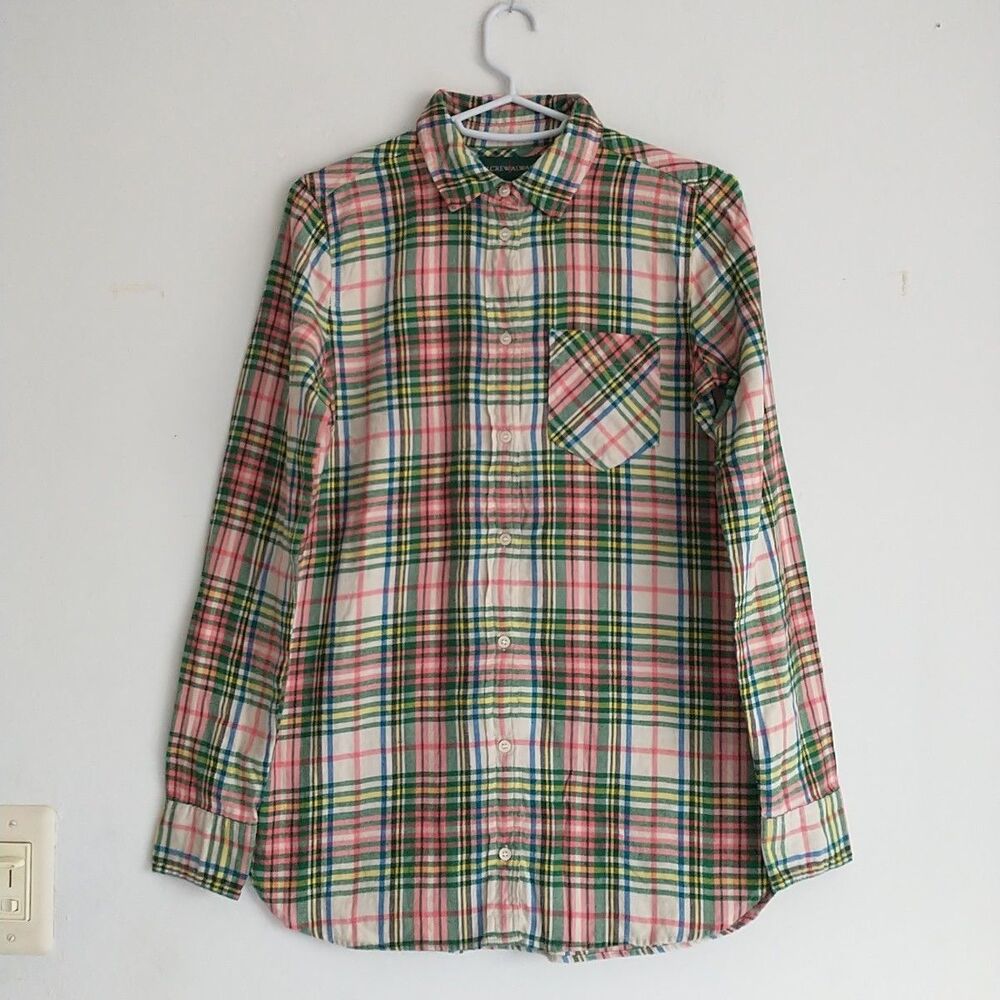 J Crew Always Flannel Shirt Women's 00/S Pink Green Plaid Pocket Casual Relaxed